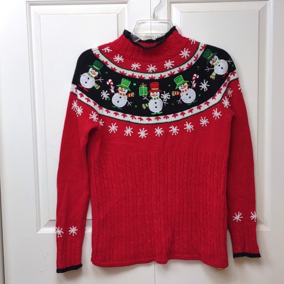 Dressbarn LS Red Cable Knit Mockneck Snowmen Snowflakes Embellished Sweater - Picture 2 of 16